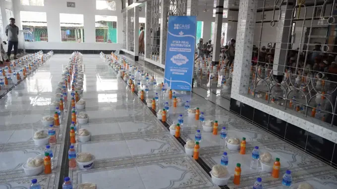 Rows of packed CBB iftar meals ready for distribution