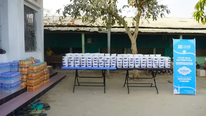 Bottled water and supplies prepared for an iftar distribution