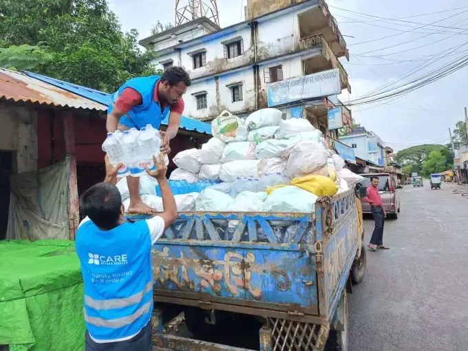 Relief supplies loaded for distribution to flood victims