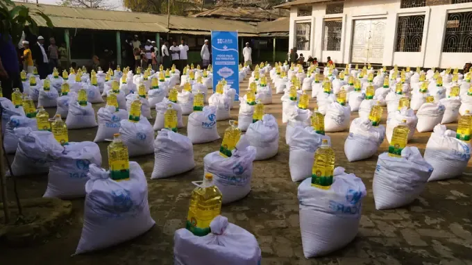 Rows of CBB food sacks ready for Ramadan distribution