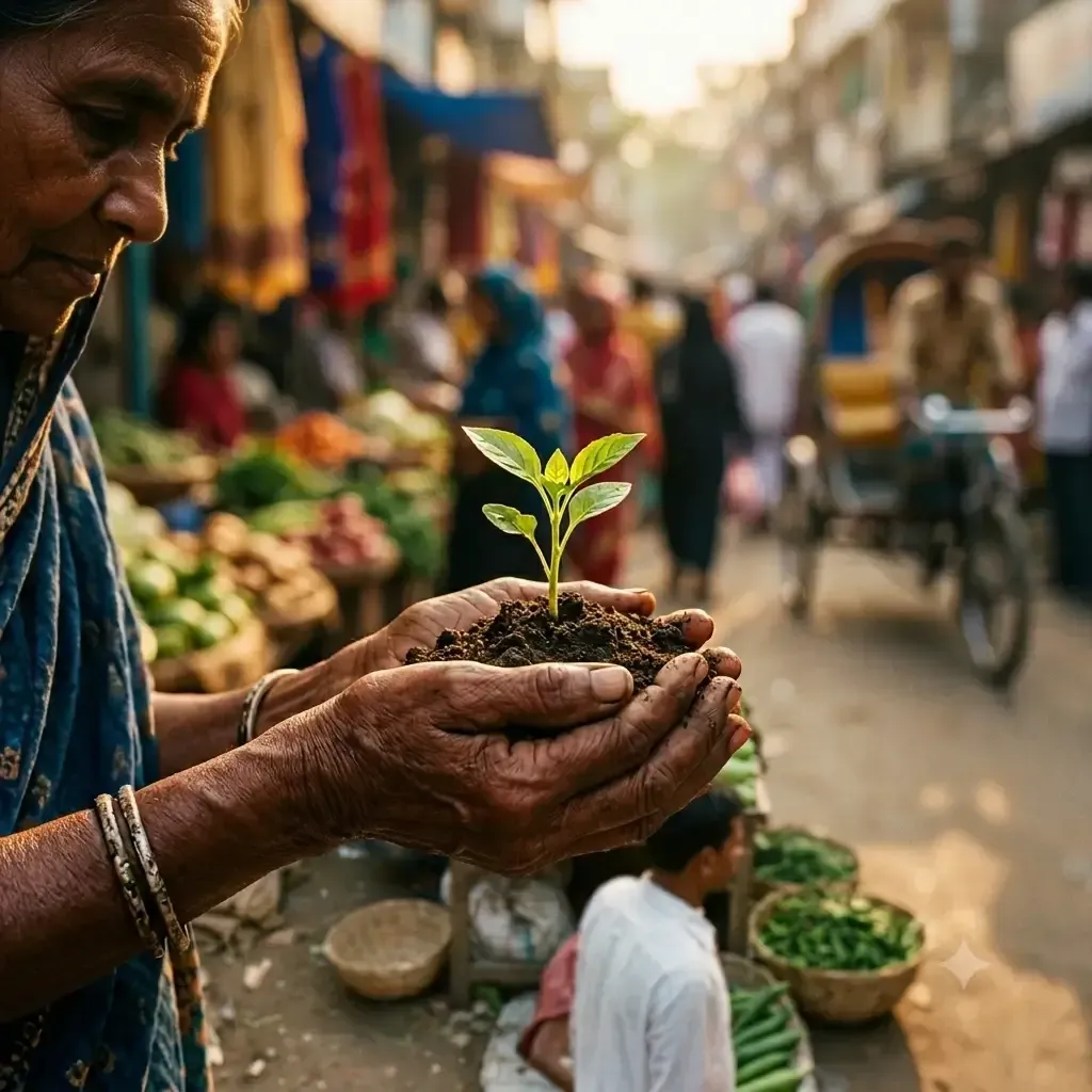 Weathered hands cradling a young seedling, with a busy local market behind — a small start that grows